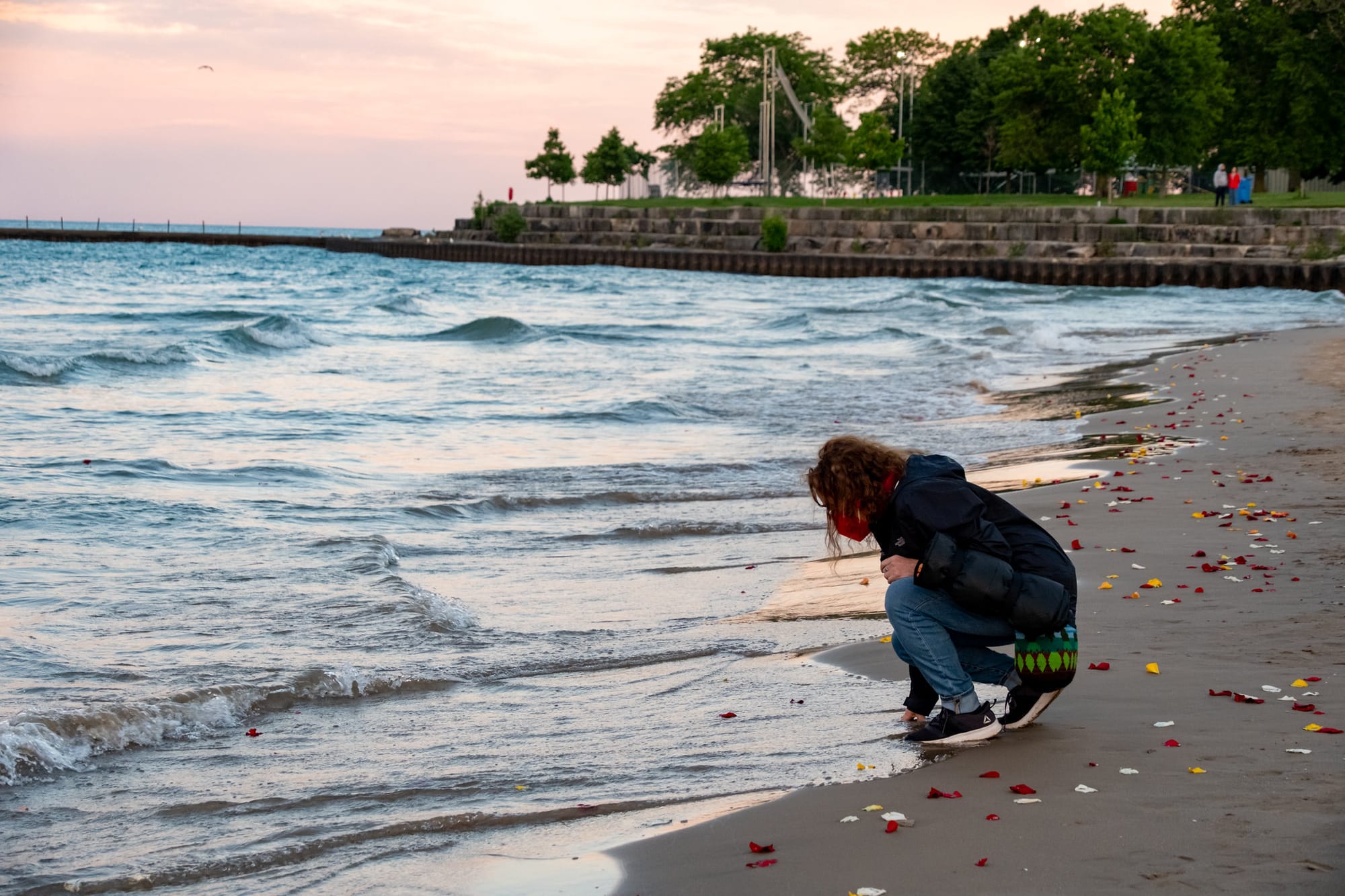 A mourner kneels beside Lake Michigan. Rose petals wash up all around them.
