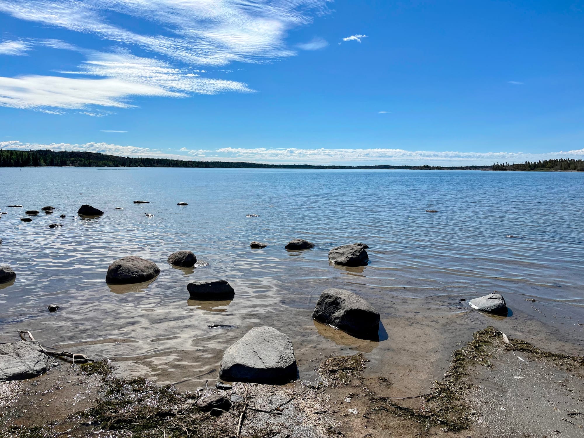 Large scattered rocks along a shoreline.