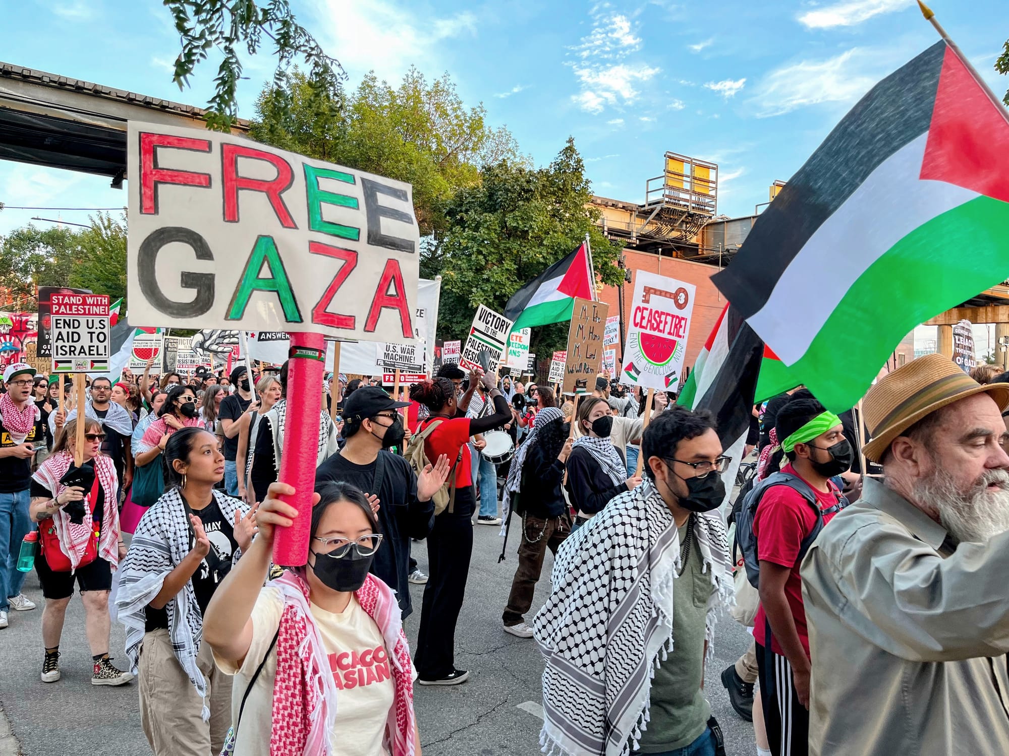 Protesters carry Palestinian flags and signs with messages including, "Free Gaza."