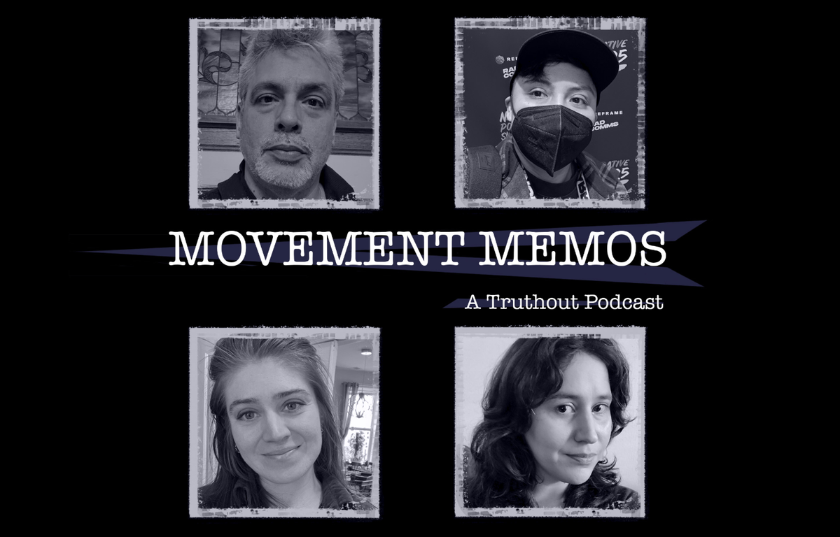 Photos of Kelly Hayes and and three guests beneath the Movement Memos podcast logo.