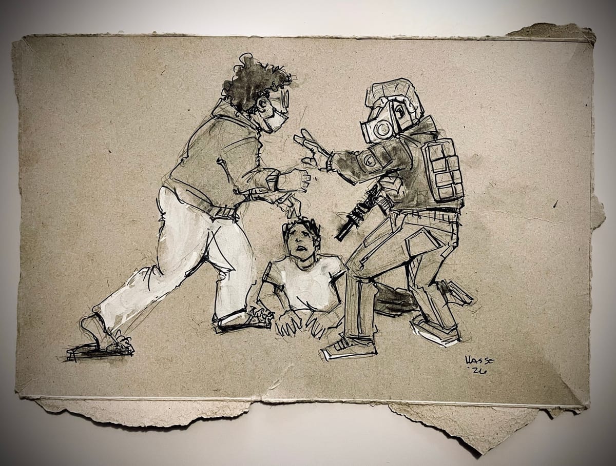 A sketch on cardboard depicting a rapid responder confronting an ICE agent while a person is on the ground.