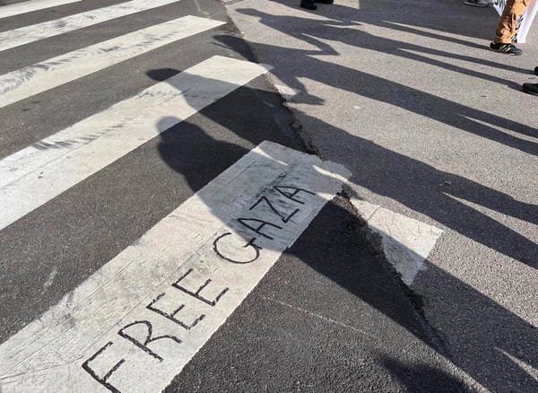 The words "Free Gaza" are written on a white line in a cross walk. The shadow of protesters holding hands is visible.