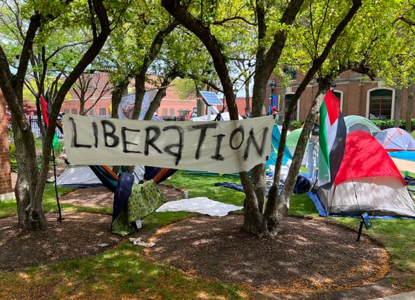 The DePaul encampment, prior to the raid that dismantled it. A banner reads, "Liberation."