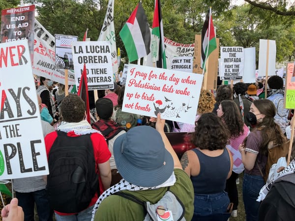 A protester's sign reads, "I pray for the day when Palestinian kids wake up to birds, not bombs."