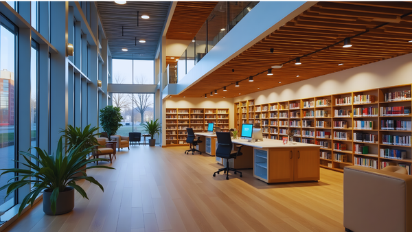 An internal shot of a library. Bookshelves and reference desks are visible.