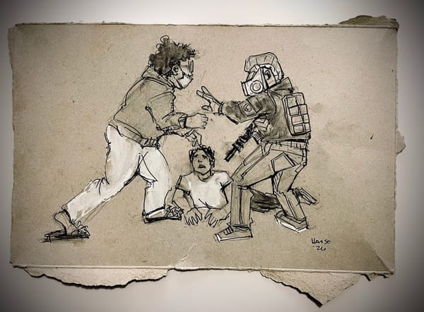 A sketch on cardboard depicting a rapid responder confronting an ICE agent while a person is on the ground.